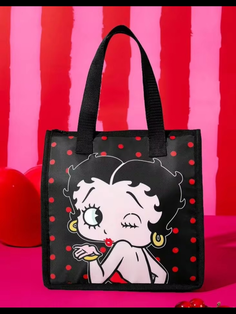 Betty Boop Black, Pink & Red Polka Dot Tote Bag